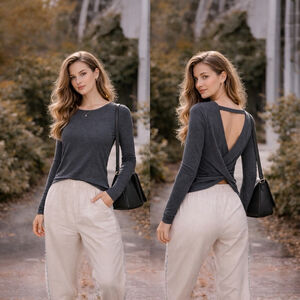 Charcoal Open Back Wrap Top Balletcore Soft Goth Minimalist Long Sleeve S